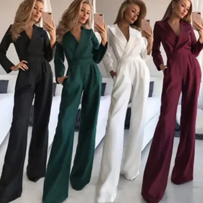 Women’s V-Neck Nipped Waist Wide-Leg Jumpsuit