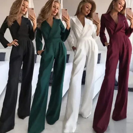 Women’s V-Neck Nipped Waist Wide-Leg Jumpsuit