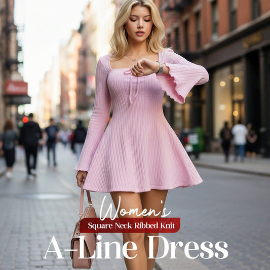 👗Women's Square Neck Ribbed Knit A-Line Dress