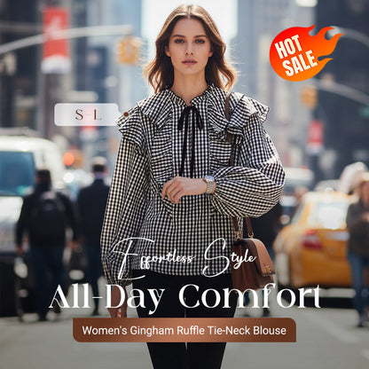 🔥Black Friday Mega Sale🔥Women's Gingham Ruffle Tie-Neck Blouse