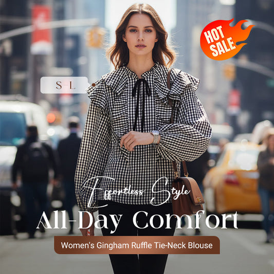 🔥Black Friday Mega Sale🔥Women's Gingham Ruffle Tie-Neck Blouse