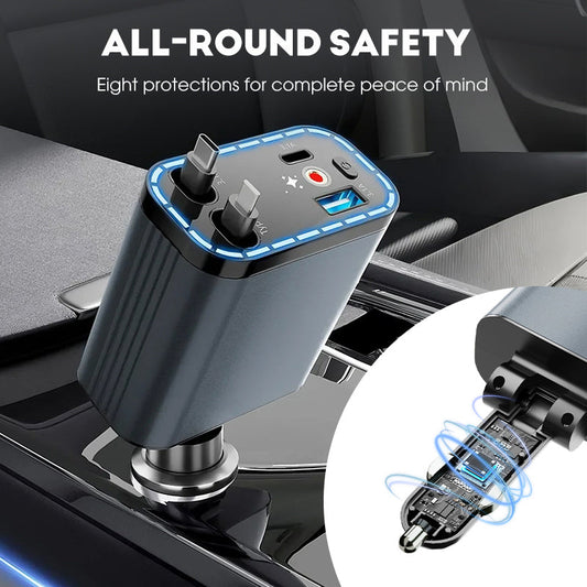 ⚡ BUY 2 GET 1 FREE! ✨ Ultra-fast 4-in-1 Car Charger 90W – With Retractable Cables & Ambient Starlight 🚗🌌