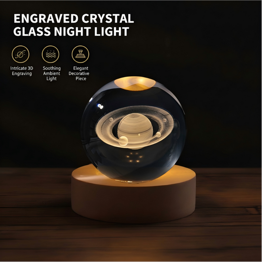 🌌✨ 3D Engraved Crystal Ball Night Light – Celestial Glass Sphere Lamp with Warm LED Wooden Base