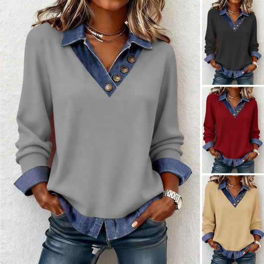 ✨🔥Women's Patchwork Denim Collar Faux 2-Piece Top👚