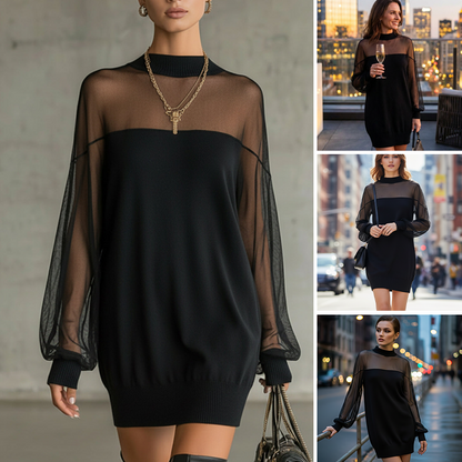 🎁New arrival 49% OFF💥Sheer Mesh Mock Neck Mini Dress👗