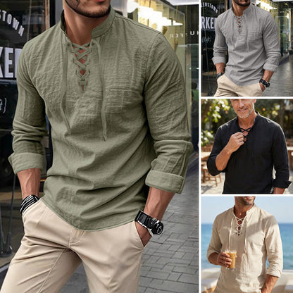 👔 49% OFF NOW! 💎 Men's Casual Solid Color Shirt – Lace-Up Neck, Modern Stand Collar & Breathable Cotton ✨