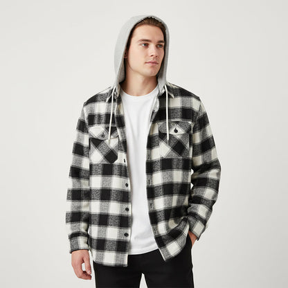 Men’s Hooded Plaid Button-Down Jacket