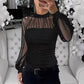 💖HOT SALE👗Faux Pearl Embellished Sheer Mesh Top with Lantern Sleeve
