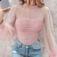 💖HOT SALE👗Faux Pearl Embellished Sheer Mesh Top with Lantern Sleeve