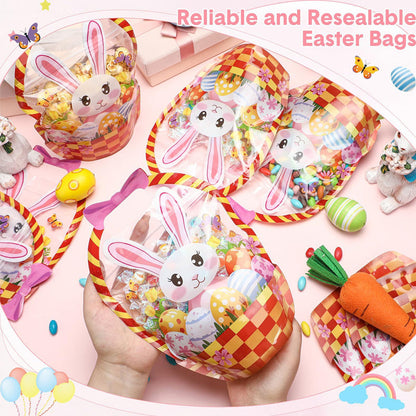 ✨🐰Easter Goodie Bags Plastic Candy Gift Bags with Handle Bunny Chick Pattern Transparent Treat Bags