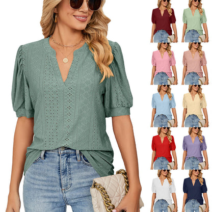 📢📢49% OFF !!!⏰Loose Solid Color T-Shirt Top with Hollow Bubble Sleeves