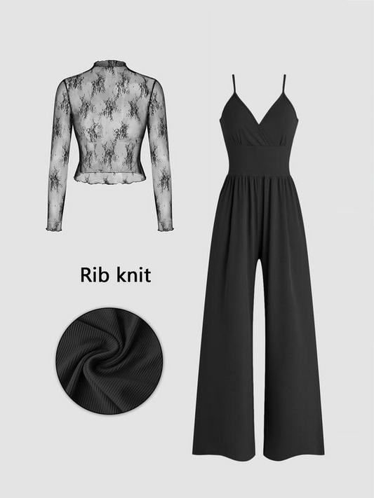 👍 Last day: 49% OFF😻 Two-piece set for women: lace top and jumpsuit with pockets
