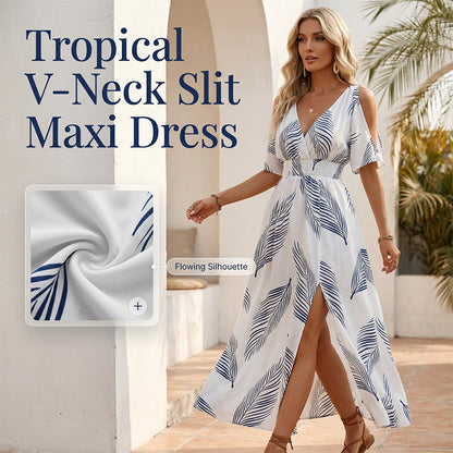 👗 49% OFF NOW! 🌞Cold Shoulder Tropical Print Split Maxi Dress