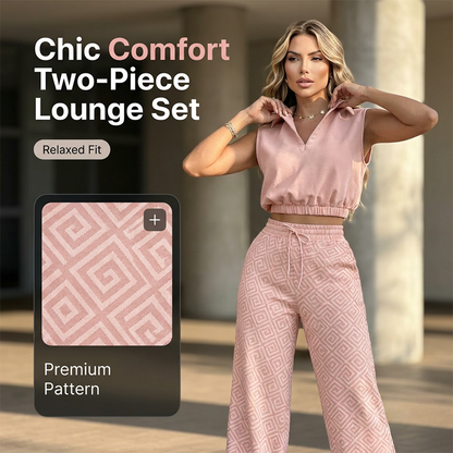 👚 49% OFF NOW!🌸 Women's Two-Piece Lounge Set – Collared Crop Top & Wide-Leg Pants