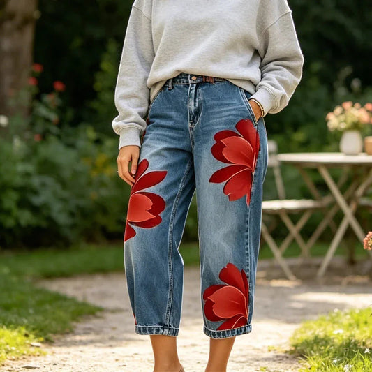 👖🤍Artistic Flower Wide-Leg Jeans for Women