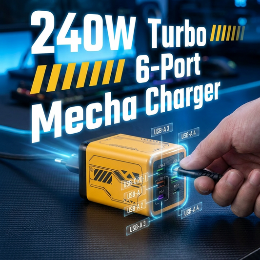 ⚡🤖 240W Turbo 6-Port Mecha Charging Station – Cyberpunk Fast Charger Hub, 4 USB-A + 2 USB-C PD, UK Plug 🔌