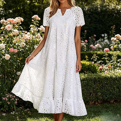 💥LAST DAY SALE 49%OFF💥Women's Eyelet Lace A-Line Dress with Pockets 👗 – Cotton Blend, Machine Washable, Solid Colours, Sizes S-2XL