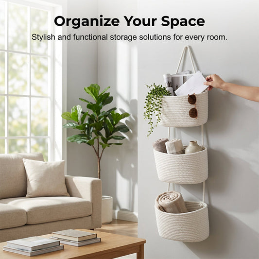 🧺🌿 Hanging rope basket organizer – save space, store more, boho style!