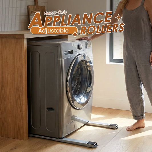 🛞🧺 24-wheel appliance stand – adjustable, lockable, elevates for easy cleaning!