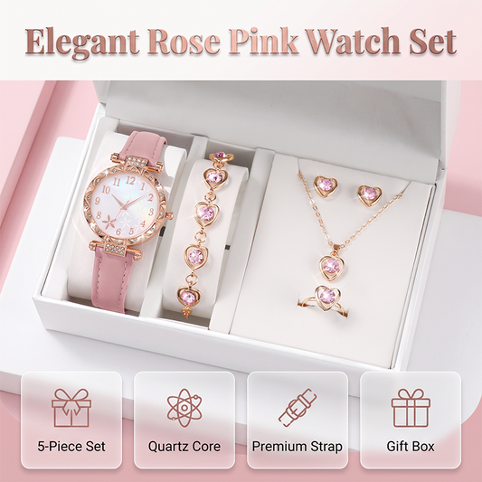 💥【50% OFF】🔥 Women's 5-Piece Watch & Jewelry Set | Butterfly Dial with Rhinestones & Quartz | Comfortable Genuine Leather Strap | Matching Heart-Shaped Necklace, Bracelet, Earrings & Ring | 4 Colors (White/Pink/Black/Black & White) | Perfect Gift 🎁