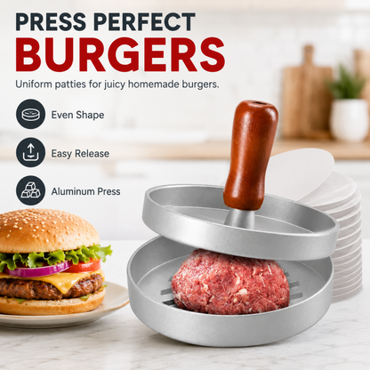 🍔 Burger Patty Press – Non-Stick Aluminum Hamburger Maker with Wooden Handle