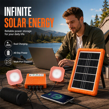 ☀️🔋 Portable Solar Power System – USB/Type-C Solar Generator with 2 LED Lights