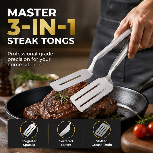 🥩🔥 3-in-1 Stainless Steel Steak Tongs – Serrated Cutting Edge with Spatula & Slotted Grip