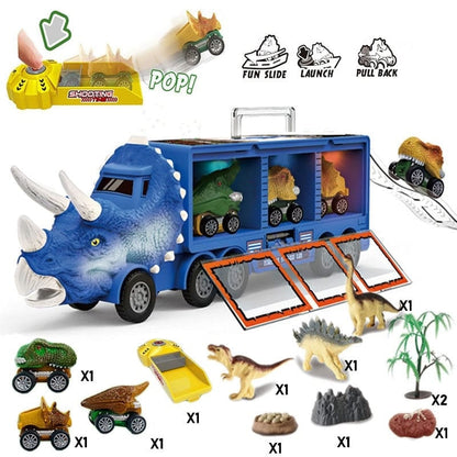🦖 Interactive Dinosaur Transporter Truck Toy – Dinosaur Car Carrier with Launch Button, Lights & Music