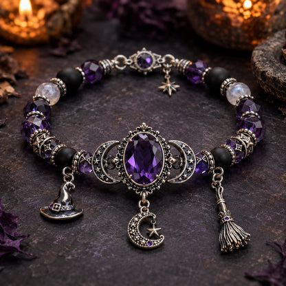 🎃 Gothic Purple Halloween Charm Bracelet – Rhinestone Beads with Witch Hat, Moon & Broom Charms