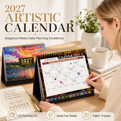 📅 2027 Desk Calendar & Habit Tracker – Artistic Oil Painting Monthly Planner for Work & Study