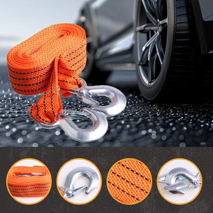 13FT Heavy-Duty Car Tow Strap 🚗 | 3-Ton Recovery Strap with Safety Hooks