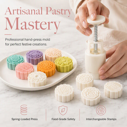 🥮 LIMITED-TIME 50% OFF! ✨ Hand Press Mooncake Mold Set – Interchangeable Stamps, Non-Stick, DIY Baking 🍪