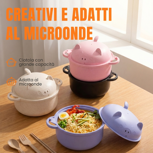 🐷🍜 1300ml Microwave Ramen Bowl – Built-In Strainer & Cute Pig Lid