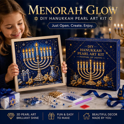🕎✨ DIY Hanukkah Pearl Art Kit – Shimmering Menorah Art with Wood Frame