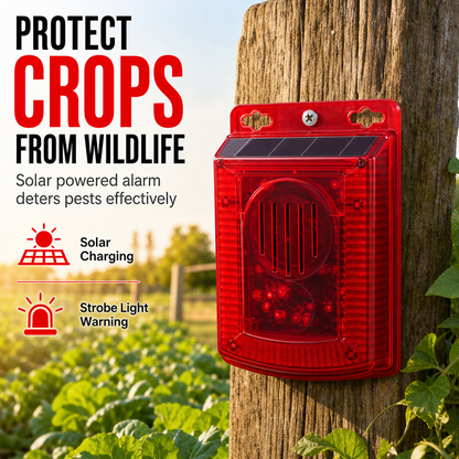🚨☀️ Solar Outdoor Wildlife Alarm – Sound & Flash Deterrent for Gardens & Crops