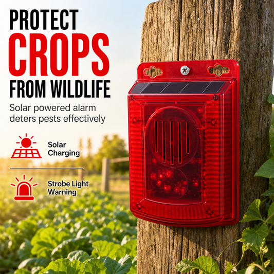 🚨☀️ Solar Outdoor Wildlife Alarm – Sound & Flash Deterrent for Gardens & Crops