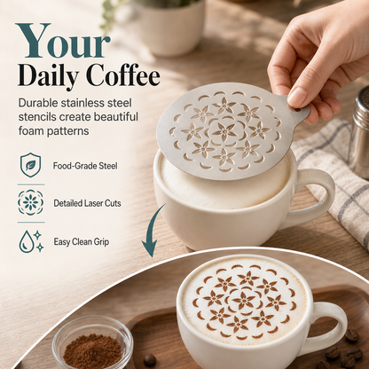 ☕✨ Stainless Steel Latte Art Stencil – Easy Barista-Style Coffee Patterns