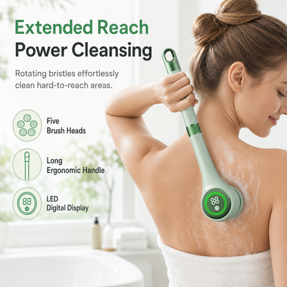 🛁✨ USB Rechargeable Electric Bath Brush – Long Handle with 5 Attachments