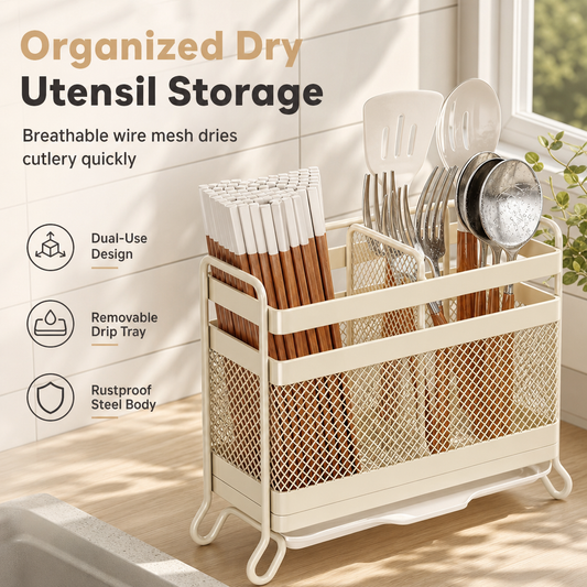 🍴✨ Wall-Mounted Utensil Holder – Ventilated Storage with Removable Drip Tray