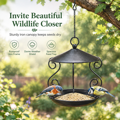 🐦🌿 Hanging Metal Bird Feeder – Covered Tray for Garden & Yard