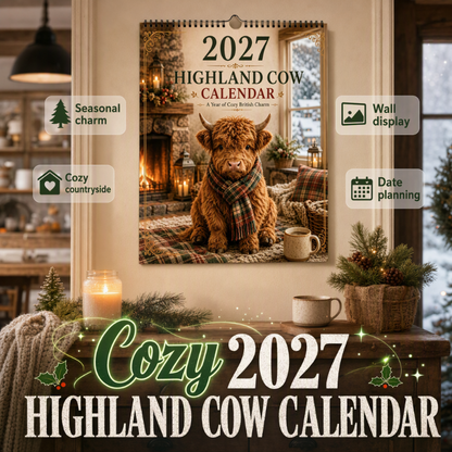 🐮🍂 2027 Highland Cow Wall Calendar – Cozy Farmhouse & Seasonal Art